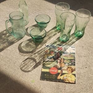 Vintage Coca Cola green/blue glassware Collection, 1950's add, green glass bowls